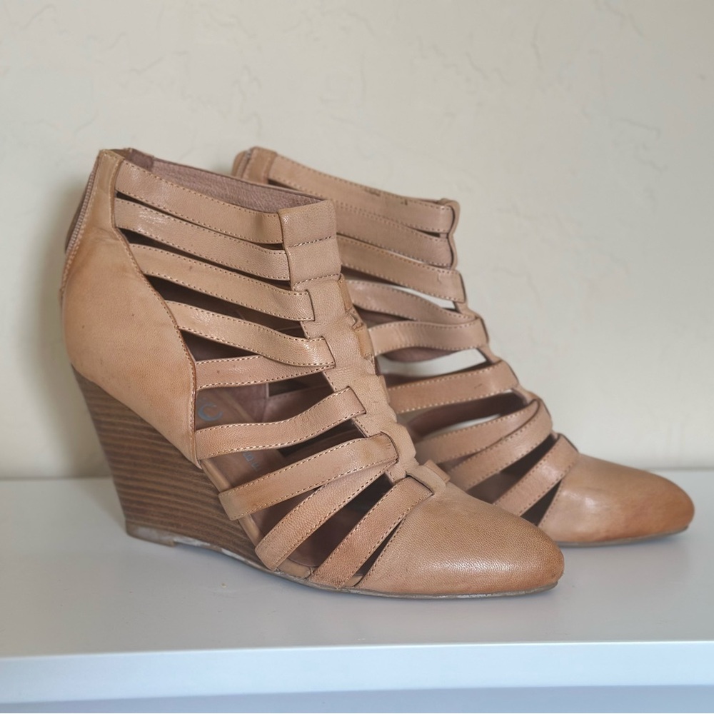 Jeffrey Campbell Ibiza Last Tan Wedge Sandal Booties with Cage Design